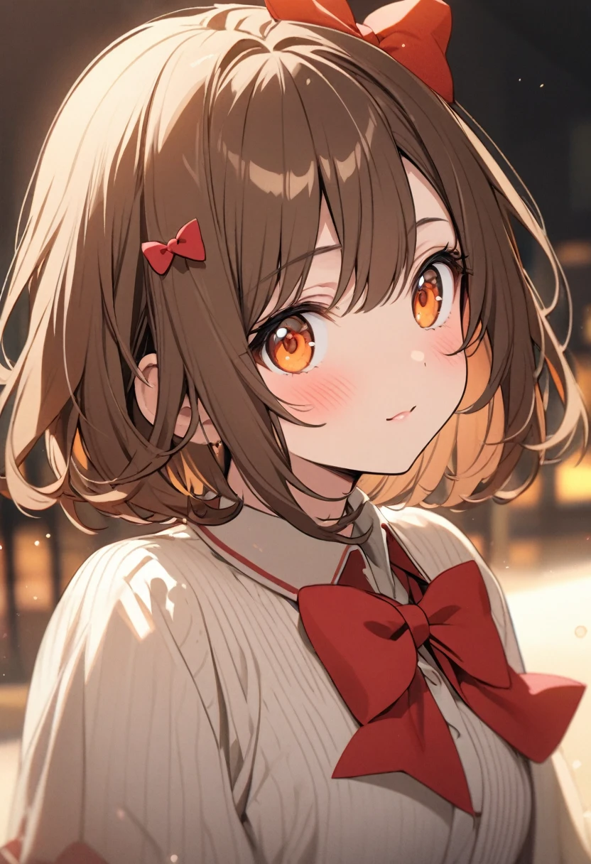 beautiful, brown hair, orange eyes, red bow on hair, medium hair, small , cute,