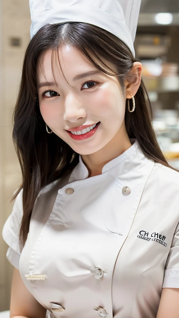 1 girl, (kitchen background), ((32k, raw, masterpiece: 1.5)), (Professional photography, sharp:1.2), Perfect dynamic composition, (Natural sun light), (soft shadow), (((slim figure))), ((huge round breasts: 1.5)), (((((black long straight hair, bang))))), Ultra-detailed faces and skin, perfect asian, White skin, (Delicate skin:1.4), (latex skin:0.4), (perfect glowing skin:0.6), light brown eyes, beautiful eyes, round eyes, pretty face, blush, glossy lips, glossy eyes, Perfectly proportioned face, Really moist skin, Refined expression, (((huge smile at the camera))), looking at camera, Refined expression, Elegant necklace, Elegant earrings, minimalist, ((((white chef uniform))))