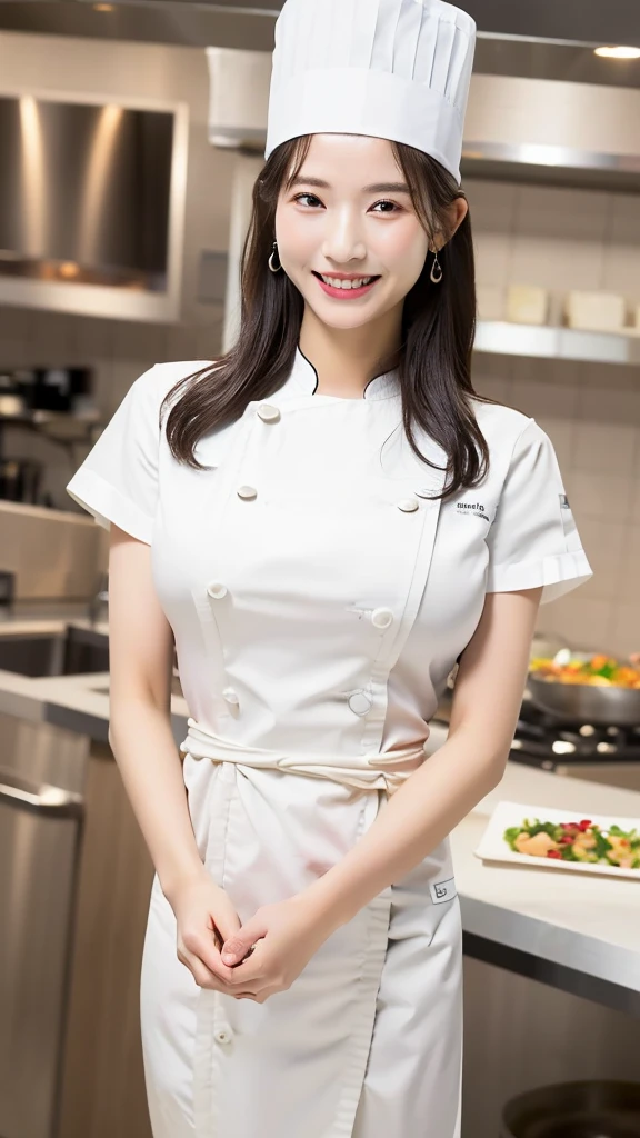 1 girl, (kitchen background), ((32k, raw, masterpiece: 1.5)), (Professional photography, sharp:1.2), Perfect dynamic composition, (Natural sun light), (soft shadow), (((slim figure))), ((huge round breasts: 1.5)), (((((black long straight hair, bang))))), Ultra-detailed faces and skin, perfect asian, White skin, (Delicate skin:1.4), (latex skin:0.4), (perfect glowing skin:0.6), light brown eyes, beautiful eyes, round eyes, pretty face, blush, glossy lips, glossy eyes, Perfectly proportioned face, Really moist skin, Refined expression, (((huge smile at the camera))), looking at camera, Refined expression, Elegant necklace, Elegant earrings, minimalist, ((((white chef uniform))))