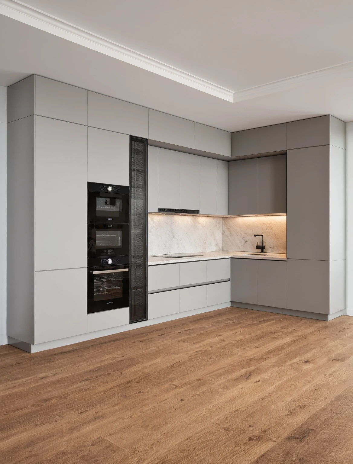 Raw photo,Masterpiece, high quality, best quality, authentic, super detail, interior , sunset, daylight, Kitchen Cabinets, Induction cooker, sink, faucet, oven, built-in microwave, wooden floor, hood, wine cabinet