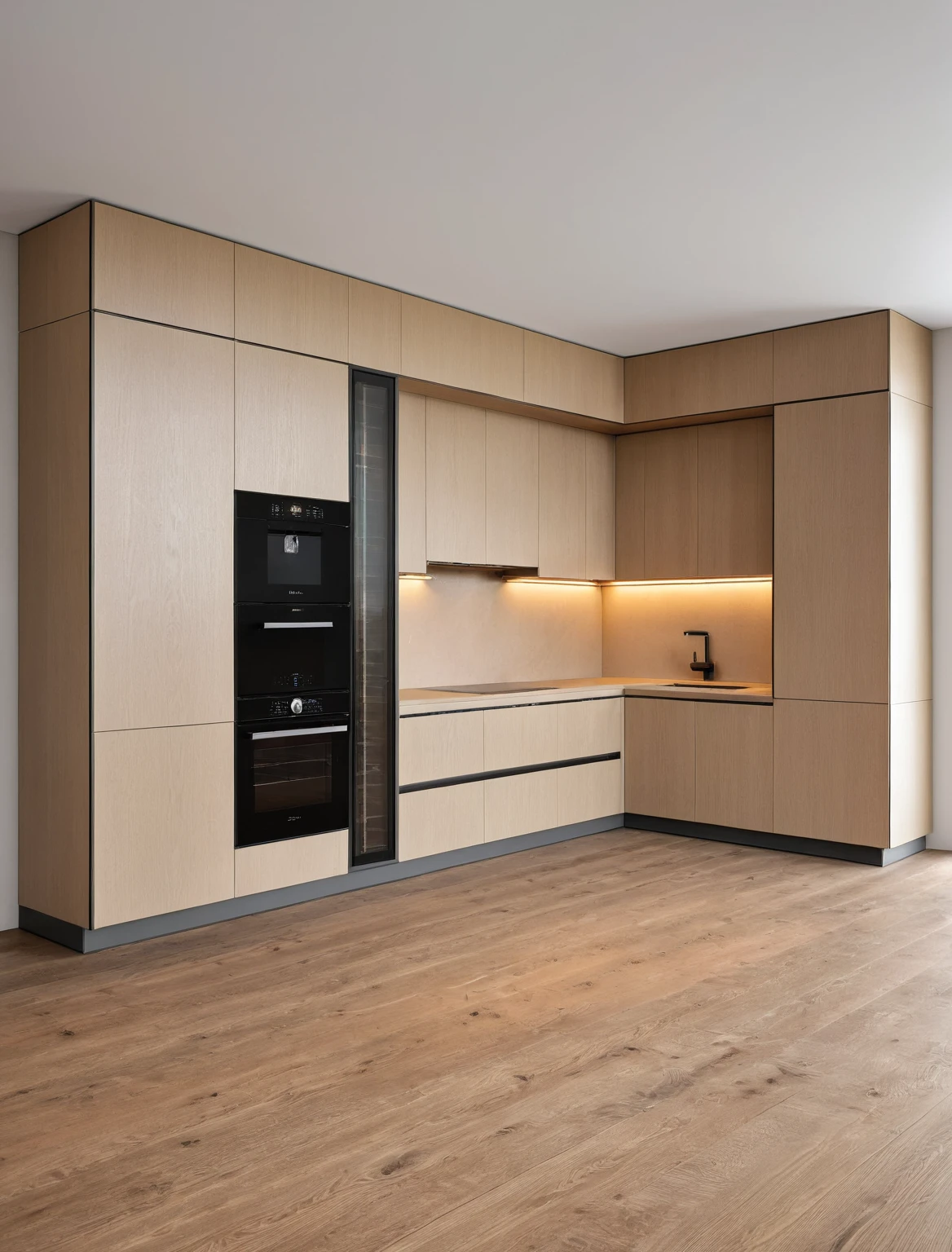 Raw photo,Masterpiece, high quality, best quality, authentic, super detail, interior , sunset, daylight, Kitchen Cabinets, Induction cooker, sink, faucet, oven, built-in microwave, wooden floor, hood, wine cabinet