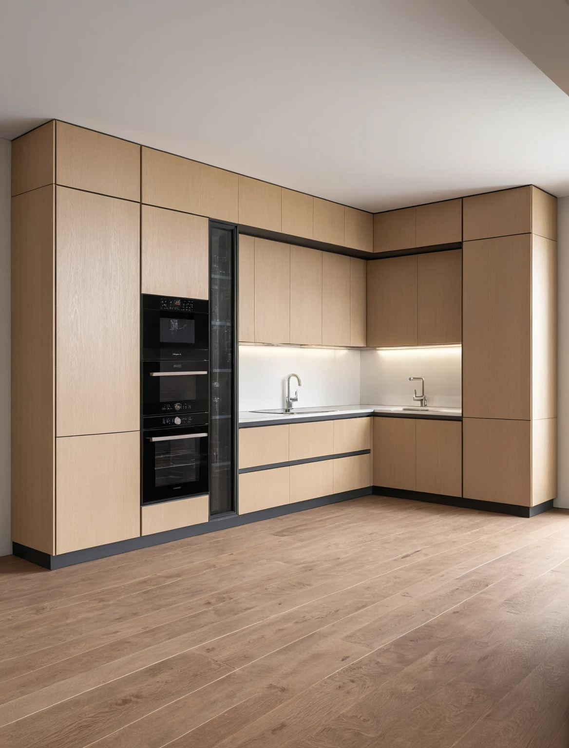 Raw photo,Masterpiece, high quality, best quality, authentic, super detail, interior , sunset, daylight, Kitchen Cabinets, Induction cooker, sink, faucet, oven, built-in microwave, wooden floor, hood, wine cabinet