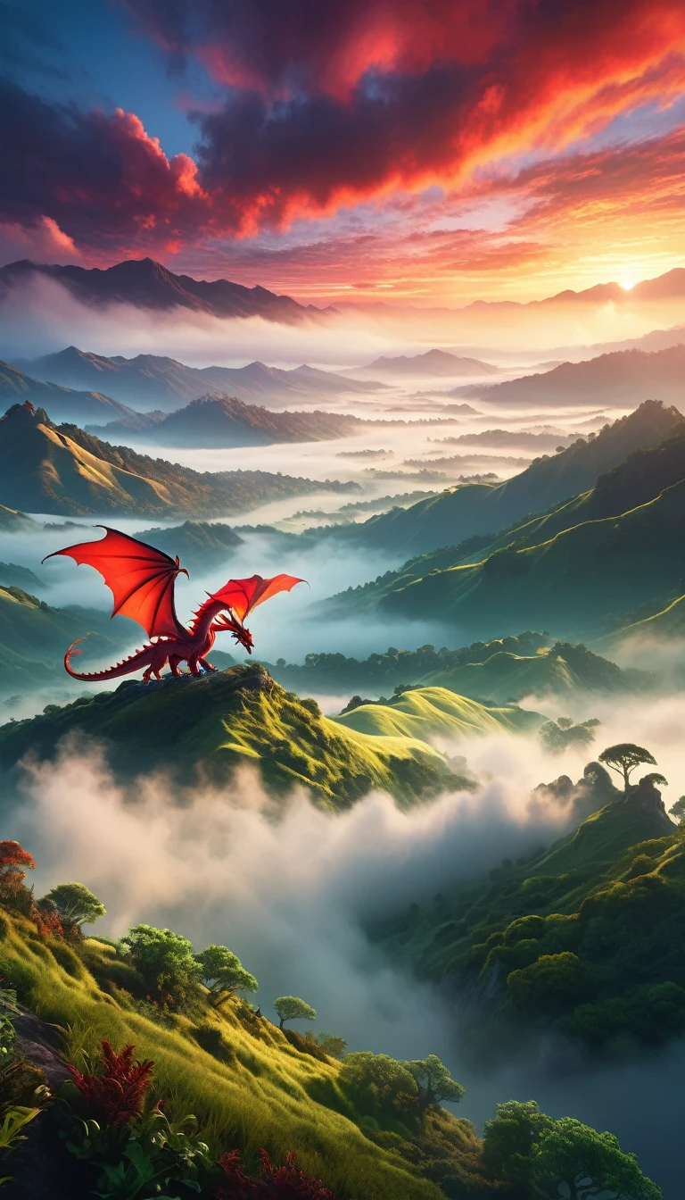 a fantasy mystical landscape, realistic sunrise time, beautiful view, mist in the valleys, waking life, flying big red dragon on the sky, dramatic lighting, epic scale, cinematic, highly detailed, volumetric fog, lush vegetation, rolling hills, glowing sky, vibrant colors, dramatic atmosphere, photorealistic, 8k, intricate details, cinematic composition, masterpiece