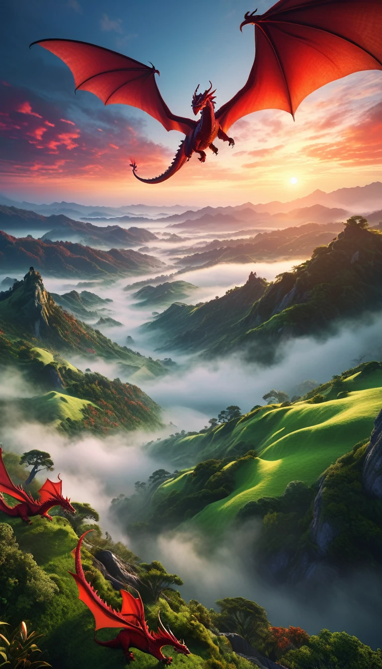 a fantasy mystical landscape, realistic sunrise time, beautiful view, mist in the valleys, waking life, flying big red dragon on the sky, dramatic lighting, epic scale, cinematic, highly detailed, volumetric fog, lush vegetation, rolling hills, glowing sky, vibrant colors, dramatic atmosphere, photorealistic, 8k, intricate details, cinematic composition, masterpiece