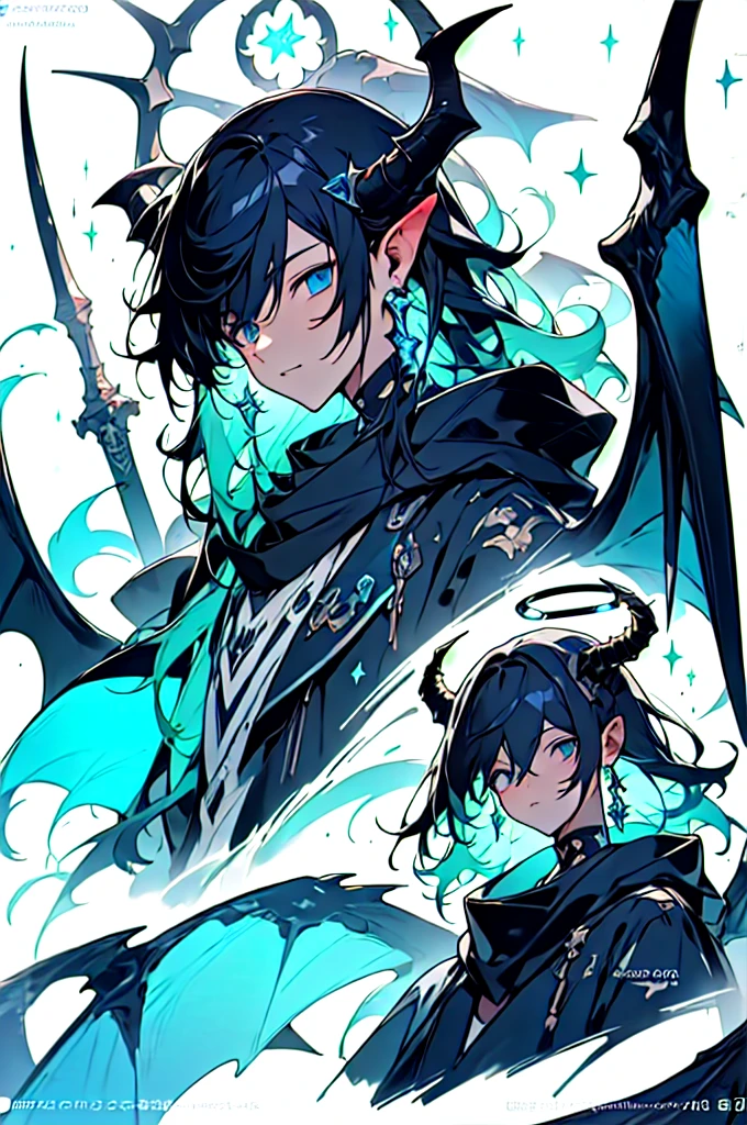 masterpiece, highest quality, highest resolution, clear_image, photo realistic, detailed details, (11 teen boy, scruffy black hair, bangs, Blue eyes, moon, dark night, long earrings, black hoodie, blue demon horns, blue great sword at the back, looking at viewer, sky blue scarf , sky blue futuristic halo, futuristic dragon wings) beautiful, upper body, no water marks, laboratory, no extra limps, no extra body