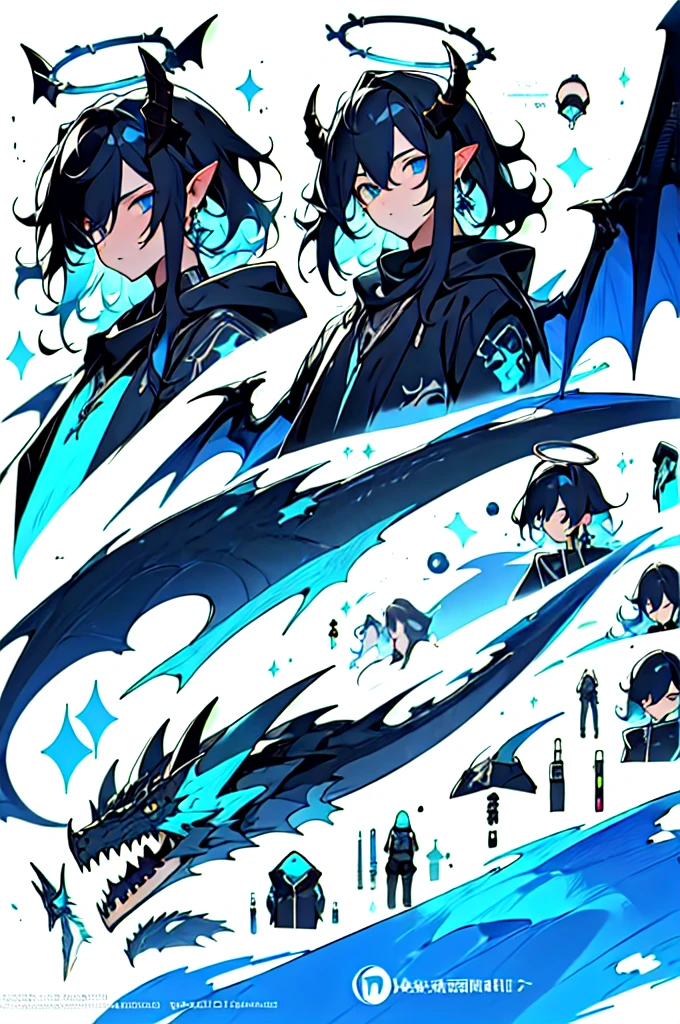 masterpiece, highest quality, highest resolution, clear_image, photo realistic, detailed details, (11 boy, scruffy black hair, bangs, Blue eyes, moon, dark night, long earrings, black hoodie, blue demon horns, blue great sword at the back, looking at viewer, sky blue scarf , sky blue futuristic halo, futuristic dragon wings) beautiful, upper body, no water marks, laboratory, no extra limps, no extra body
