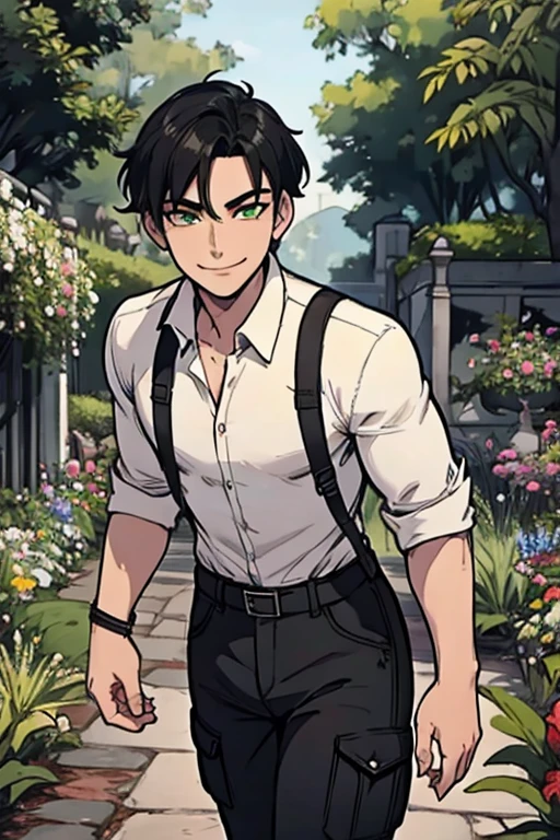 perfect face, perfect hand A black haired man with green eyes in a gothic rolled up shirt and cargo shorts is walking through a garden with a big smile
