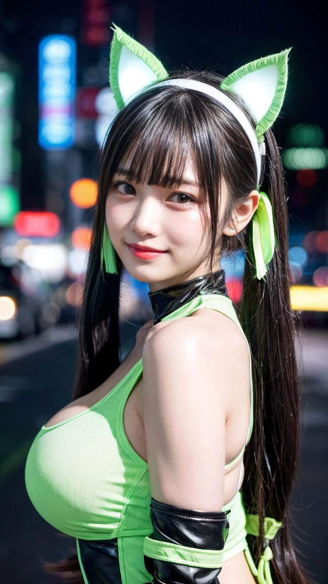 最high quality, masterpiece, 32k、Very detailed、Realistic、1 Girl, Japanese women、Rotate your hips and strike a pose、A sloppy smile、Cute face, (photo Actual:1.3),Twin tail hairstyle、Black Hair、Edge lighting, (Skin with attention to detail:1.2), 8K超High resolution, Single-lens reflex camera, high quality, High resolution, 4K, 8K, Optimal ratio of four fingers to one thumb, (Actual:1.3), cute 1 Girl, Realistic、Super Realistic、32k、Very detailed、masterpiece, 最high quality, beautiful girl, beauty、Gorgeous girl, Big Breasts,Big Breasts、Big Breasts、Big Ass, Tight waist, Spread your legs, Plenty of facial detail, Futuristic sexy lime green and white costume,High Grade、 Lime and white cyberpunk, Neon colored cat ear headband、Yellow very long hair, City of the Future, hologram, Neon lighting, Very detailedな, High resolution, masterpiece, high quality, High resolution,