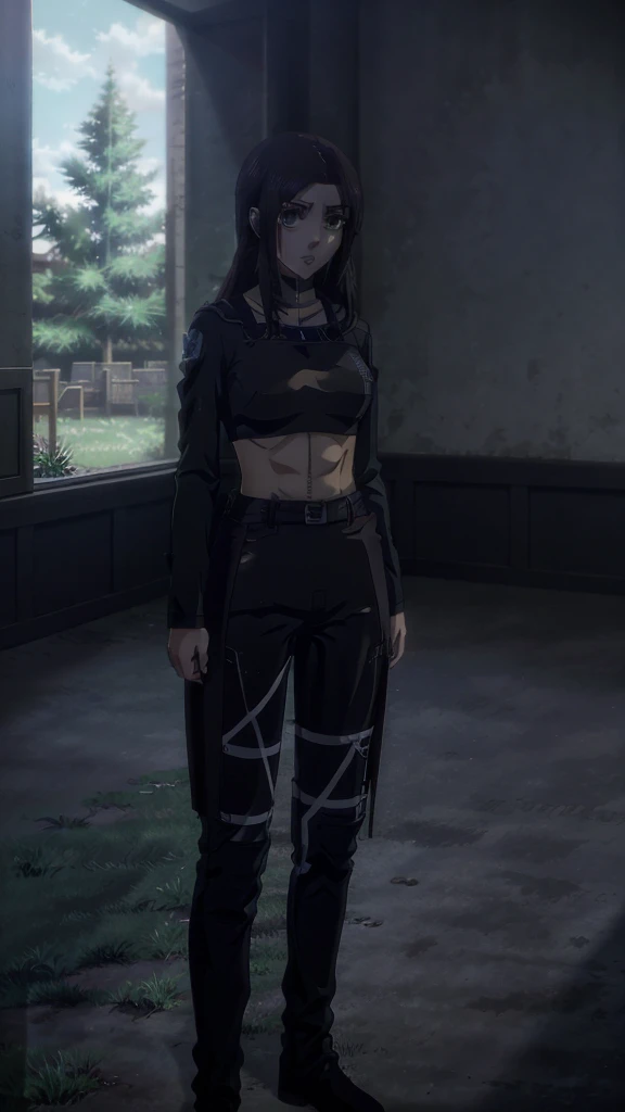 Make a girl tall 6'2,Hair black mix Brown,Eyes color Havel, Skin pale, Survey Corps shirt and pants season 4,Odm gear modern anime grab sword, and eyes bags ,Wall maria background 
, Paradise girl 