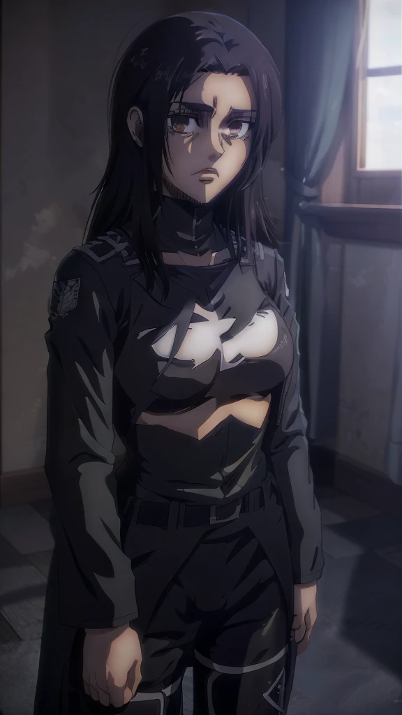 Make a girl tall 6'2,Hair black mix Brown,Eyes color Havel, Skin pale, Survey Corps shirt and pants season 4,Odm gear modern anime grab sword, and eyes bags ,Wall maria background 
, Paradise girl 