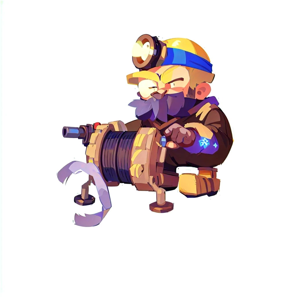 cartoon image of a man with a pipeline and a wren, pepe the miner, engineer, mechanical, muscular female gnome engineer, Mini Gun, Unreal No, mining, Heavy weapons guy, Landmines, Farmers, steampunk engineer, old charismatic mechanical, Tinkerer, Fisherman, pipeline, Complete portrait of the electrician, blacksmith, Old Man, Magic Fishing Rod Weapon