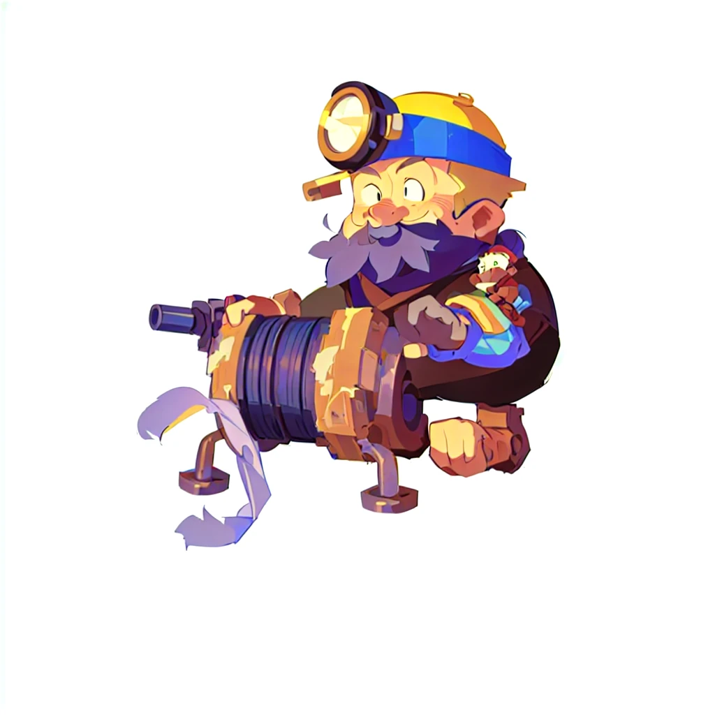 cartoon image of a man with a pipeline and a wren, pepe the miner, engineer, mechanical, muscular female gnome engineer, Mini Gun, Unreal No, mining, Heavy weapons guy, Landmines, Farmers, steampunk engineer, old charismatic mechanical, Tinkerer, Fisherman, pipeline, Complete portrait of the electrician, blacksmith, Old Man, Magic Fishing Rod Weapon
