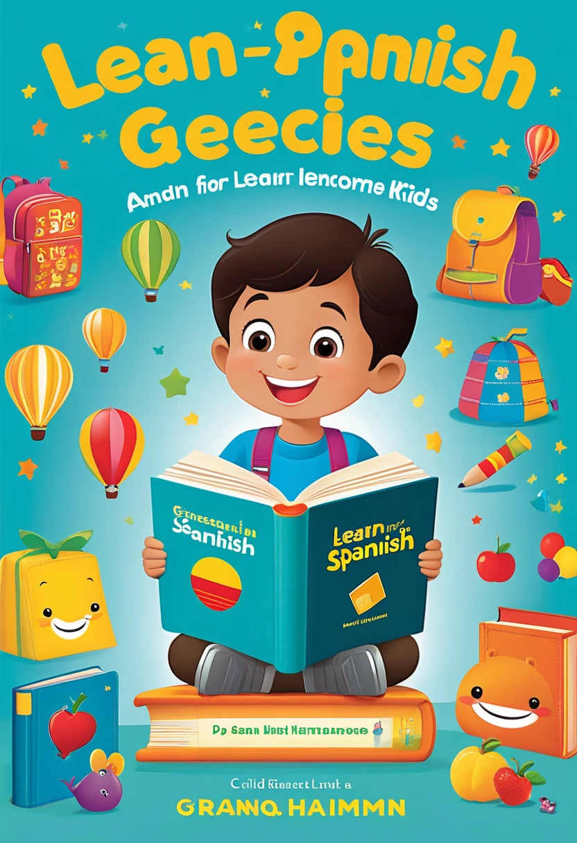 A captivating and minimalistic book cover design for "Learn spanish for s" by Granqpint Harimnn. The cover features a single, smiling cartoon character, The background consists of subtle, pastel colorsThe texts are evenly distributed: "Learn spanish for Kidin a modern, sans-serif font, "174 Essential Questions to Ask Early Learners" and "For Speech and Language Development" in a clean, easy-to-read font, and the author's name, "Granqpint Harimnn," in a smaller font below the title.e age recommendation, "Age 4+," splayed in a playful, child-friendly