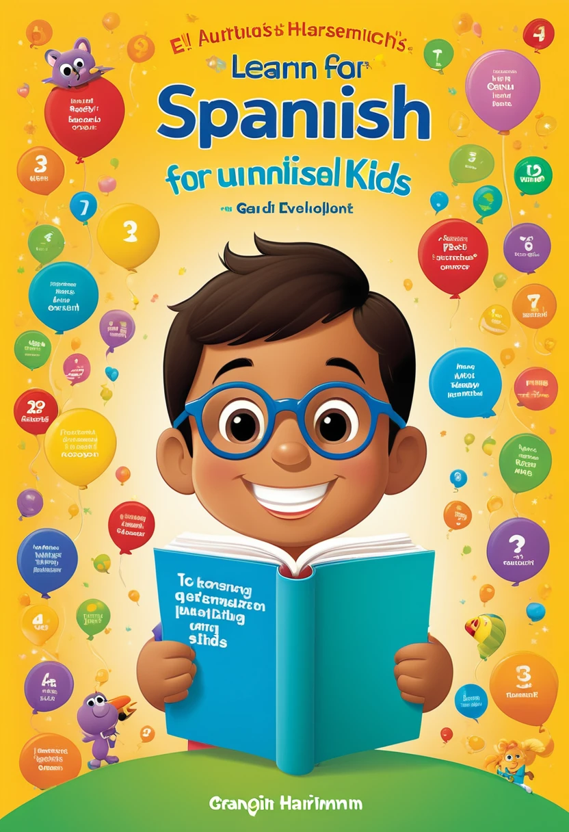 A captivating and minimalistic book cover design for "Learn spanish for Kids" by Granqpint Harimnn. The cover features a single, smiling cartoon character, The background consists of subtle, pastel colorsThe texts are evenly distributed: "Learn spanish for Kids" in a modern, sans-serif font, "174 Essential Questions to Ask Early Learners" and "For Speech and Language Development" in a clean, easy-to-read font, and the author's name, "Granqpint Harimnn," in a smaller font below the title. The age recommendation, "Age 4+," is displayed in a playful, child-friendly