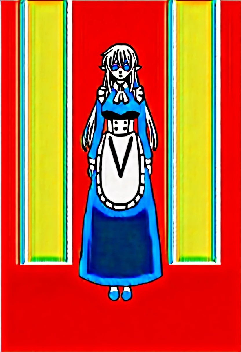 schnee raizer, long hair, 1girl, pointy ears, white hair, elf, solo, hair between eyes, blue eyes, large breasts , maid, blue dress, long sleeves, white apron, maid apron, white ascot, brooch, smile, looking at viewer, full body, score_9, score_8_up, score_7_up, , anime coloring ,BREAK source_anime, anime