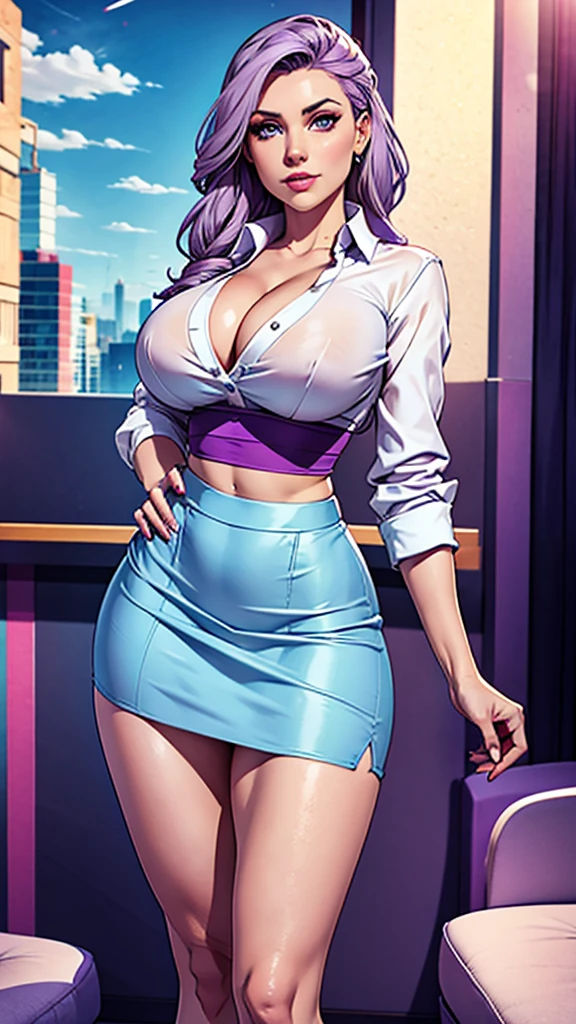 She sports striking purple hair that reaches her back.  Her hazel eyes add warmth to her expression.  She dresses in a elegante blue skirt AND elegamt white blouse that reflect her more relaxed but chic style. Busty, big hip, big legs, big ass. Cómic style