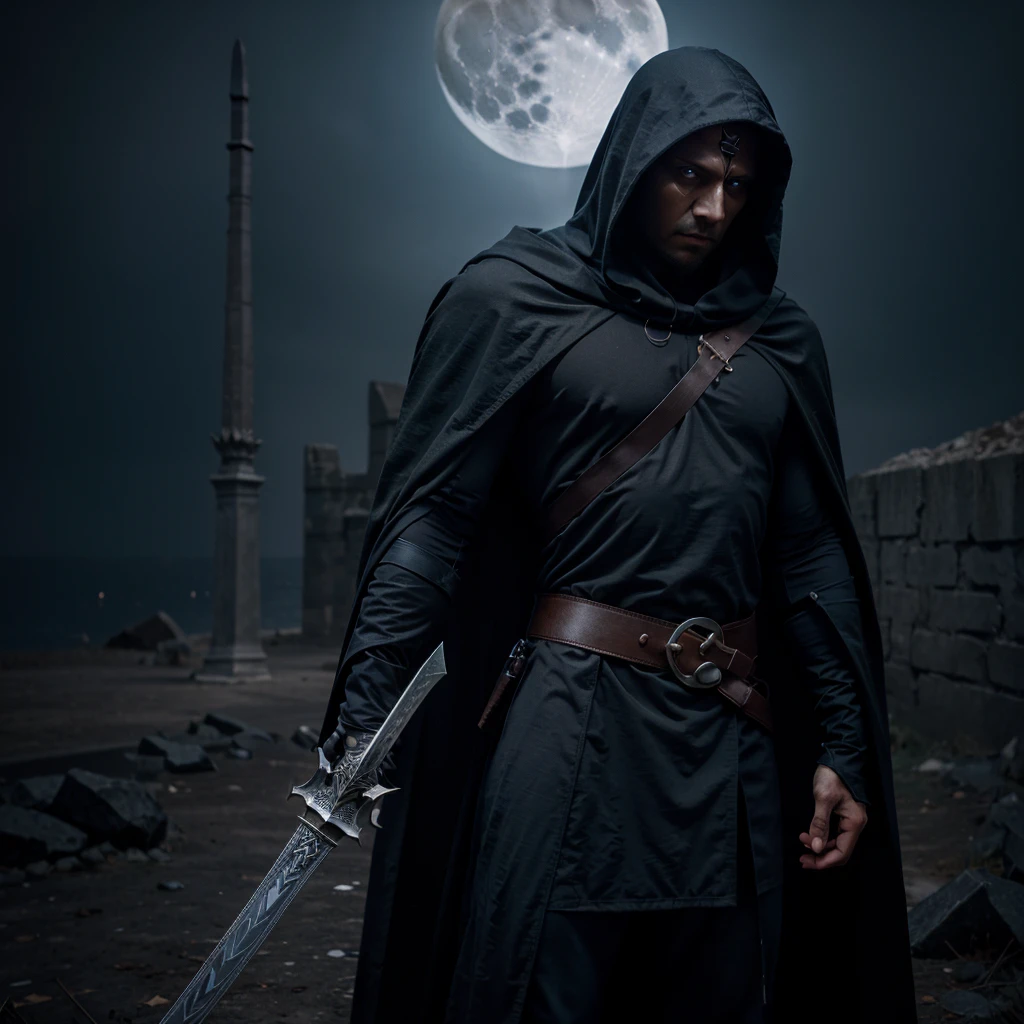 man, Skinny body, Dark blue cape, big hood, face hidden in the remains of the hood, dark face , moon shape on face, huge giant sword , Runic semi-tech sword, sword held in one hand, metal shoulder pad, black shirt ,melancholic pose, tetric ,battle pose 