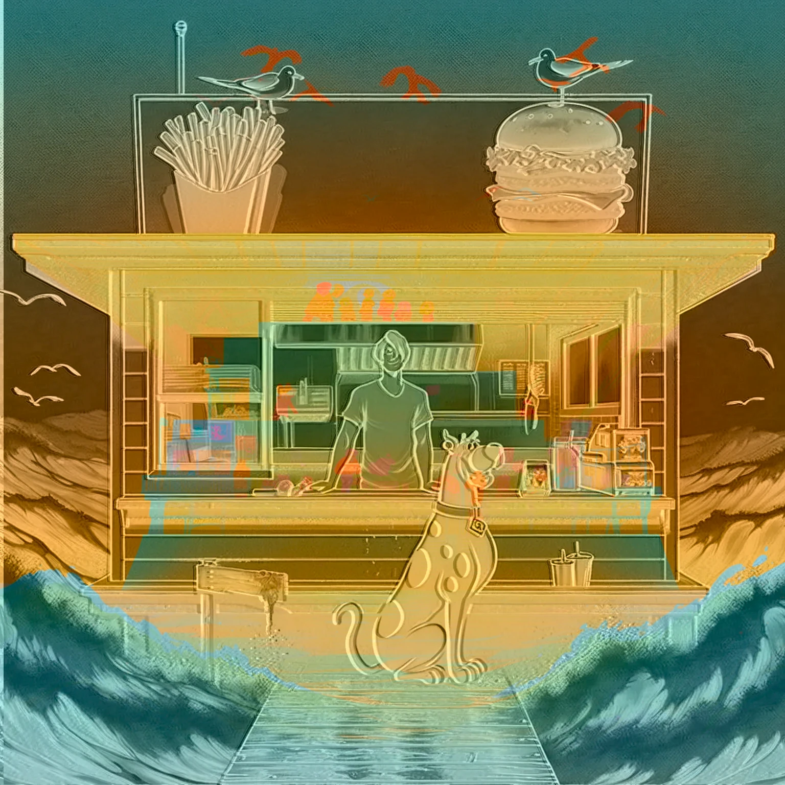 no light source, overwhelming darkness, maximal abyss, Sunset, dim glow, neon, dazzling, warm dark rich coloring, Scooby Doo distinct to original cartoon, ocean front fast food shack, operated by Scooby Doo and Shaggy, waves, sea breeze, seagulls, The scene is minimal, serene, perfect, strange, candid, cinematic, surreal, and timeless. The hamburger grill is lost in space, standing against a blank canvas. The style is a mix of realism and cartoon, with 90s comic aesthetics, expressive ink work, cinematic compositions, and nuanced details. The style is reminiscent of Joelle Jones and 90's scooby doo animated tv show, shaggy wearing tropical green sweater, scooby doo distinct art style,