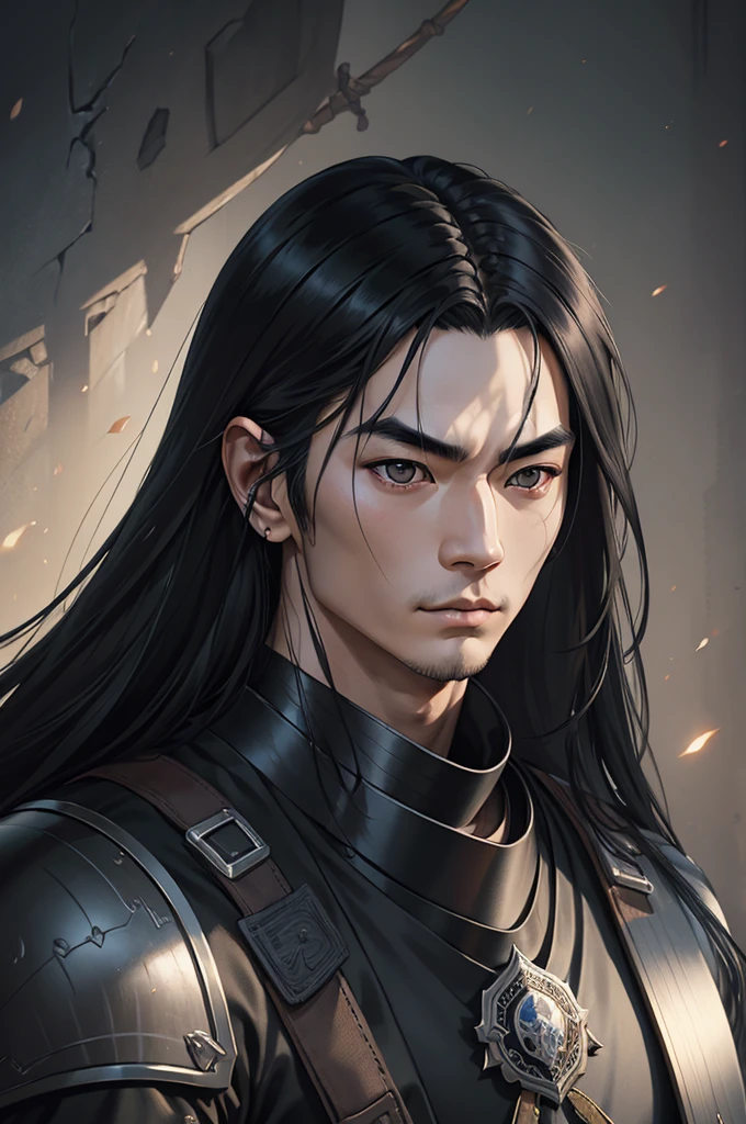 a Japanese man with long black hair wearing light black armor,extremely detailed portrait,hyper realistic,photorealistic,highly detailed facial features,detailed eyes,detailed lips,detailed nose,extremely detailed skin,cinematic lighting,dramatic shadows,fantasy,elegant,majestic,intricate details,masterpiece,best quality,8k