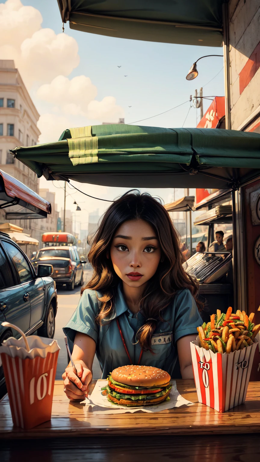 plano general, whole body, ((fast food vendor:1.5 work uniform:1.5))., idyllic, magical scene, beautiful restaurant with diners, (Best Quality, 4k, 8k, high resolution, Masterpiece:1.2), ultra detailed, (realist, photorealist, photo-realist:1.37), warm lighting, vibrant colors, soft focus, Dreamer, cozy, adorable, beautiful, capricious, elegant, charming, sereno, peaceful, innocent, comforter, imaginative