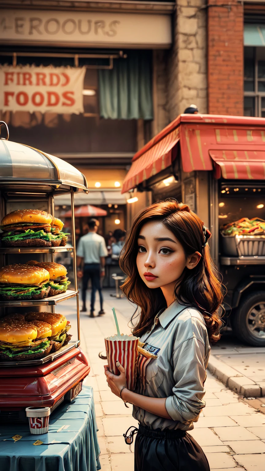 plano general, whole body, ((fast food vendor:1.5 work uniform:1.5))., idyllic, magical scene, beautiful restaurant with diners, (Best Quality, 4k, 8k, high resolution, Masterpiece:1.2), ultra detailed, (realist, photorealist, photo-realist:1.37), warm lighting, vibrant colors, soft focus, Dreamer, cozy, adorable, beautiful, capricious, elegant, charming, sereno, peaceful, innocent, comforter, imaginative