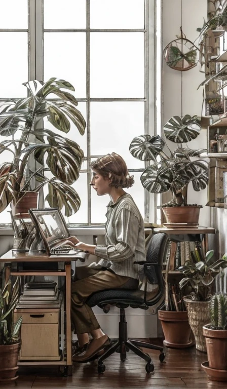 A person sitting at a desk, working on a laptop. The desk has a cup of coffee, some books, and a potted plant. The background is a cozy home office with warm lighting.