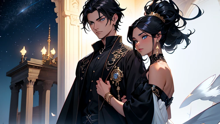 the setting is a starry sky. There is a man and a woman in the photo holding hands. The witch woman, black hair with white streaks, blue eyes and black skin. The cupid man, black hair, golden eyes, earrings and black clothes, art style