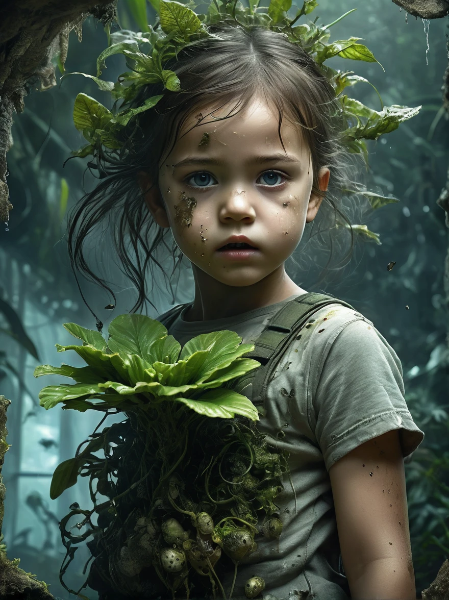 (Imagine:1.3), (full-body shot:1.5), (Wide_shooting:1.4),(full_shooting:1.4),(Alexi Bricklot (Aleksi Briclot) style:1.3),Character concept design,In this surreal horror picture,(Facial parasites:1.2),(Facial disfigurement:1.1),(A appears to be infested by a strange plant and fungal virus:1.1),(Her facial features are distorted and abstracted:1.2),It's like experiencing an unknown force of nature, BREAK her Eye opened to flaming flowers,Flowers grow wildly,(Cover the entire right half of the face starting from the eyeball:1.2),Just like the anger left after being eroded by the virus,Hair is like a lush plant or flower,It forms a strange pattern,The golden patterns and decorations seem to be infected by the virus,twisted and spread over her clothes,Like a vine,Flowers in bloom,Beside her,Blurred floral patterns seem to come alive, BREAK Echoing the viral pattern on her body,A strange ecosystem has formed,the dark background highlights the loneliness and vulnerability of the girl,(Horrible atmosphere:1.3),(Black:1.3),(dark:1.2),(purple:1.1),(Metal Constraints:1.1),(dark purple:1.1),(Asymmetry:1.4),(Supernatural horror force:1.7),Vein Plants,Thick rhizomes entangled,(cover_Eye:1.4),(Metal viruses invade plants:0.9),(Weird red plant:1.4),(dark and dirty faces:1.5),(Right eye enlargement:1.8),(metallic patterns:1.6),(Not a human face:1.3),, Ultra wide angle, Ultra HD, Anatomically correct, precise, masterpiece, The award-winning, 8K