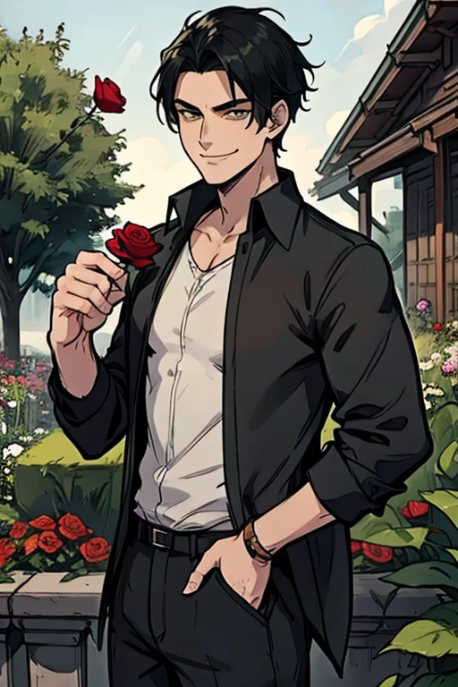 perfect face, perfect hand A black haired man with green eyes in a gothic rolled up shirt and cargo shorts is smiling while leaning forward with a red rose in a garden