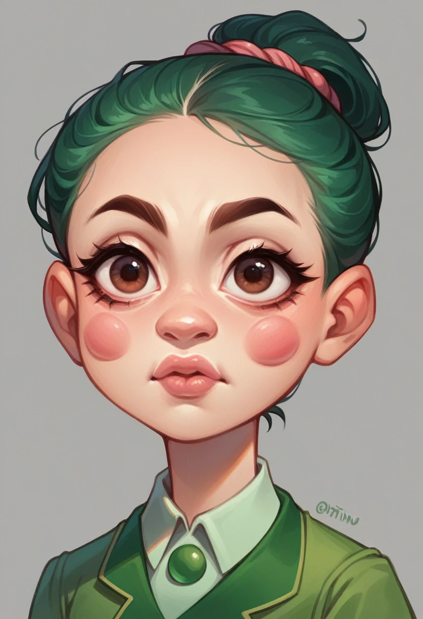 thin and dark girl, with long straight hair tied in a ponytail, with dark brown eyes, curled eyelashes, pink cheeks thin lips small nose with green pixar uniform