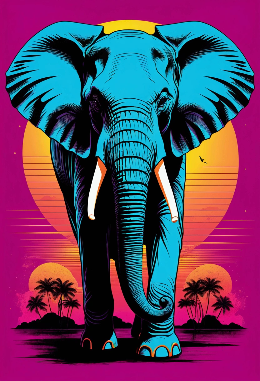 An elephant, discreet colors, vector design, intense colors, symbolism, synthwave:: t-shirt vector, centered composition, graphic design, light background::2 mockup::-2 --upbeta --ar 1:1