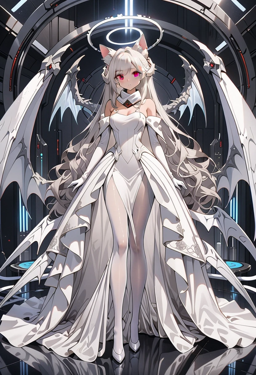 masterpiece, highest quality, highest resolution, clear_image, detailed details, White hair, long hair, cat ears, 1 girl, red eyes, imperial wedding dress, white pantyhose, white scarf (around the neck), gray futuristic halo, futuristic dragon wings, beautiful, full body, no water marks, laboratory, no extra limps, no extra body