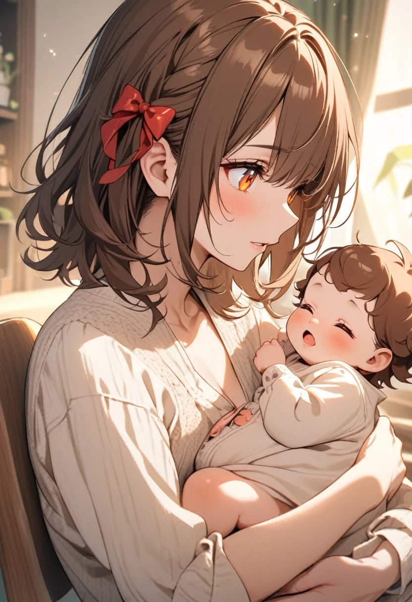 beautiful, brown hair, orange eyes, red bow on hair, medium hair, girl, baby