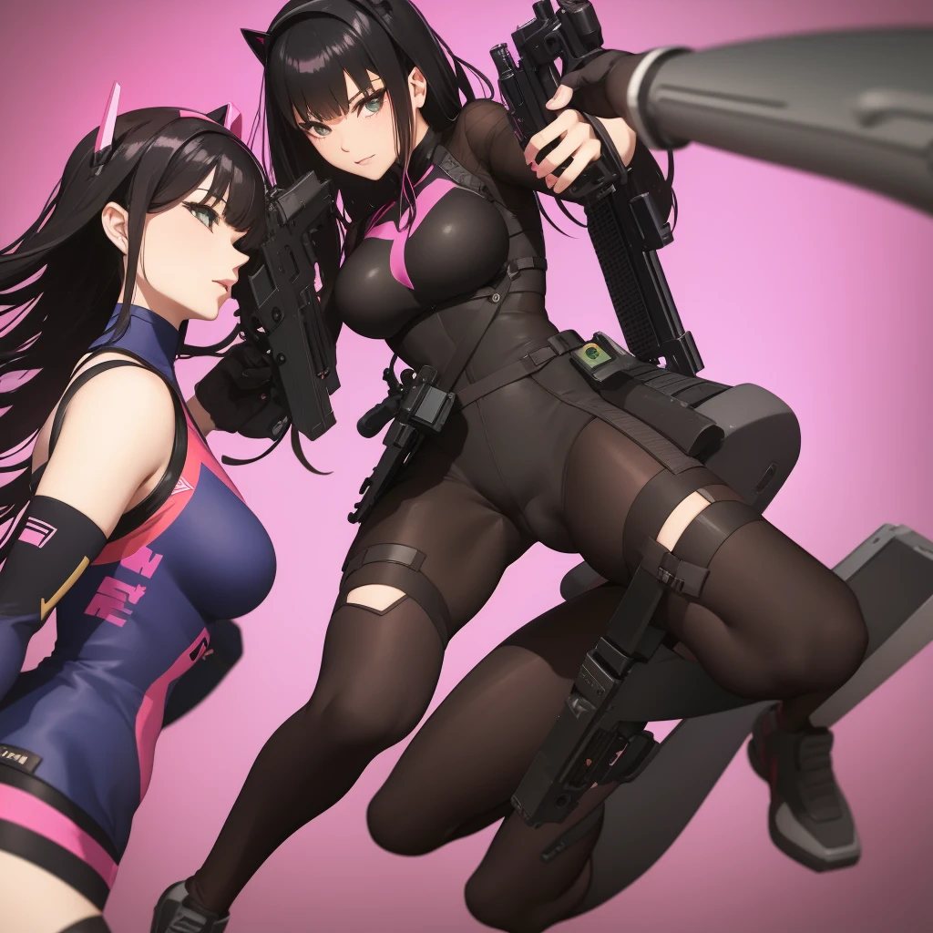 Bodysuit, gun in hand, black hair, bangs, dva