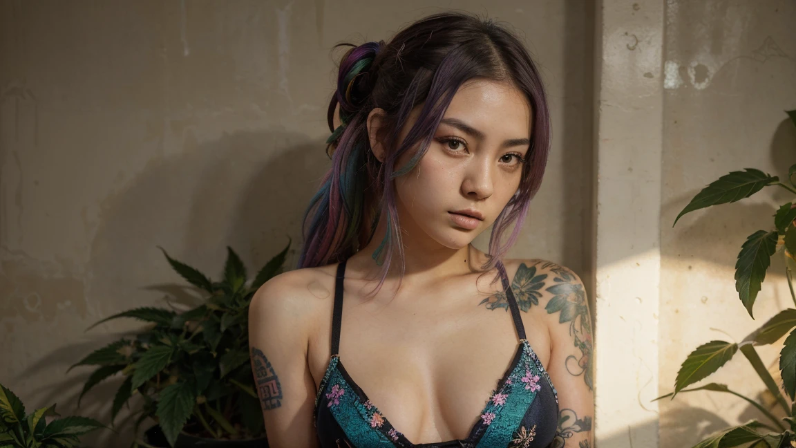 stylized artwork of soft filter. grunge filter. photorealistic. 8k. cinematic, very high resolution. maximum resolution. ultra realistic. unique beautiful face, realistic face, retro grunge photo ascetic. grunge japanese wall graffiti., full-body-tattooed. rainbow hair.  cute sexy asian girl, in marijuana plants buds crop, skimpy lingerie. sunset
