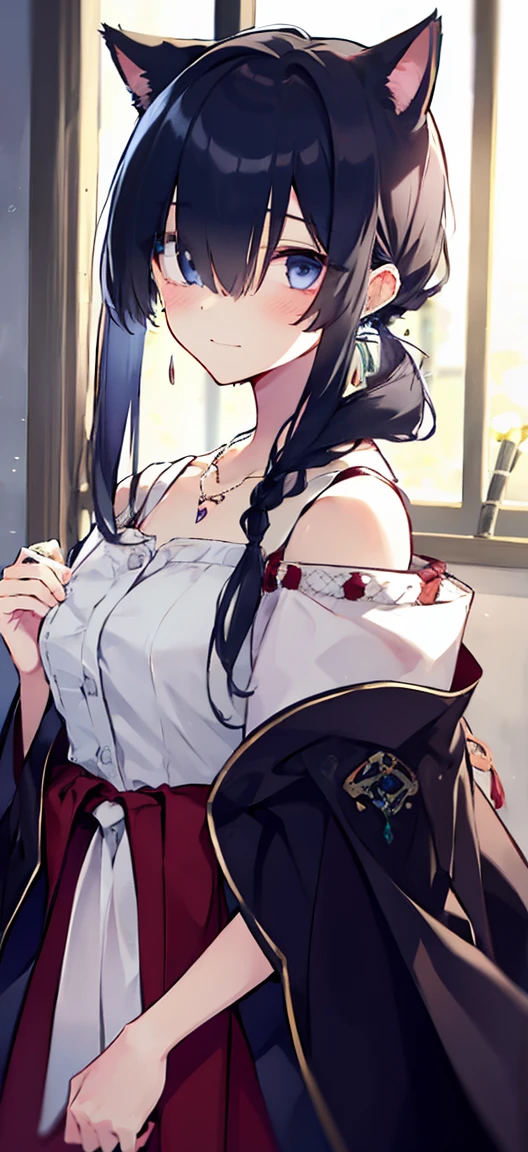 High resolution、Off the shoulder、Browsing Caution、Real Skin、Big earrings、necklace、Cowboy Shot、((Cat ear maid outfit))、((Very close to the audience))、((The audience is welcomed.))、Waiting for a hug、shy、Embarrassed expression、shy face、Japanese-style room、Slender body、Very small breasts、Beautiful nipples、Delicate body、In the changing room、pubic hair、Tier Grant、((One eye is covered with hair))、Sharp eyes、blush、Also々Nice face、single eyelid、