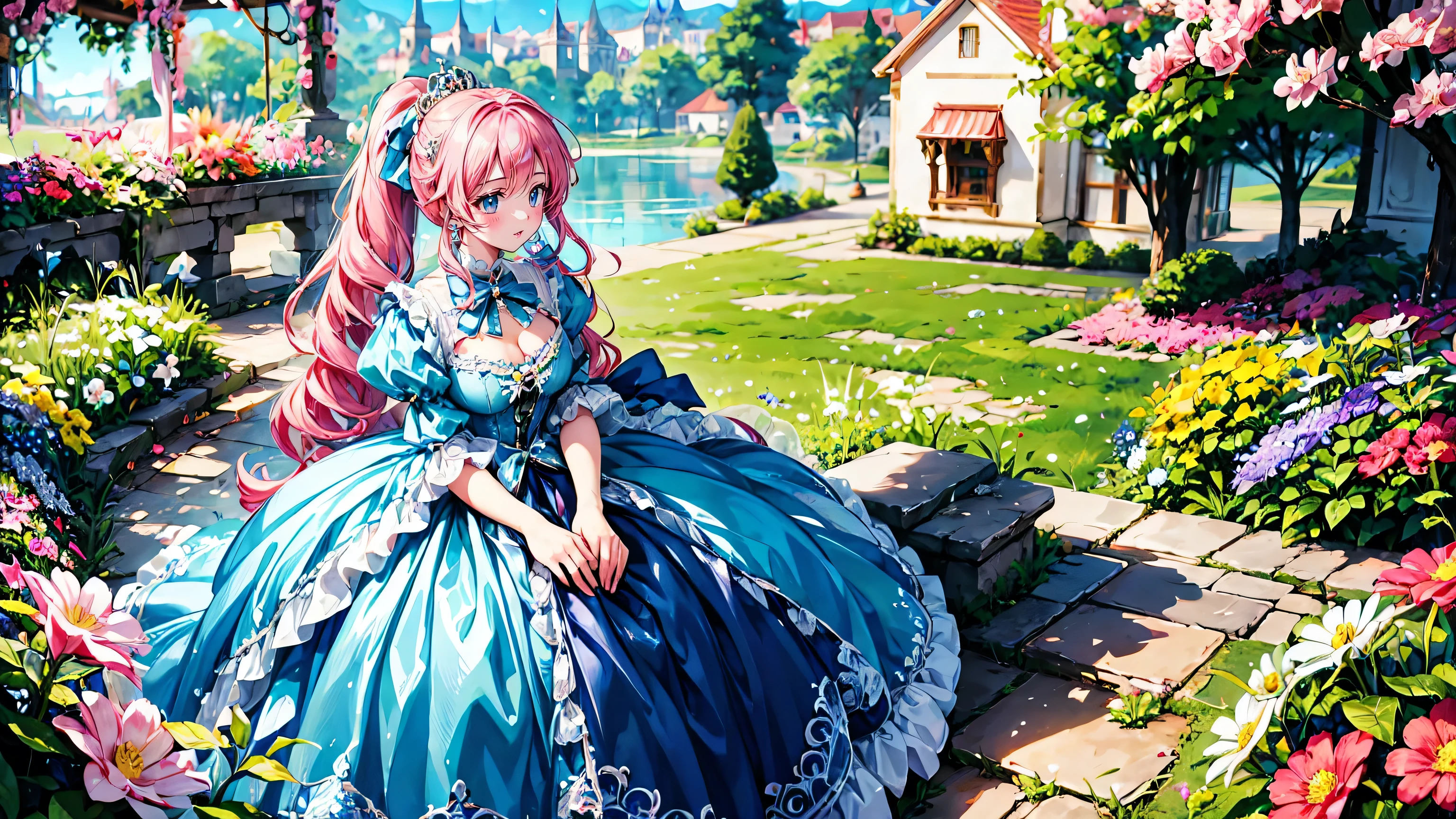 anime moe art style, (Masterpiece, ultra detailed, top quality), (((young face solo princess))), (dress aquamarine dress), (((ultra gorgeous rococo victorian gown with voluminous hoopskirt and long hems, princess style skirt, gown ultra elaborate gown))), ((huge breasts)), breasts cleavage, (hair pink hair), (fluffy long ponytail), Expressive very voluminous hair, super delicate face, (hyper detail delicate beautiful eyes blue eyes), ((leaning forward, looking up, from above, front view)), (lot's of colorful flowers), (((blurry background))),