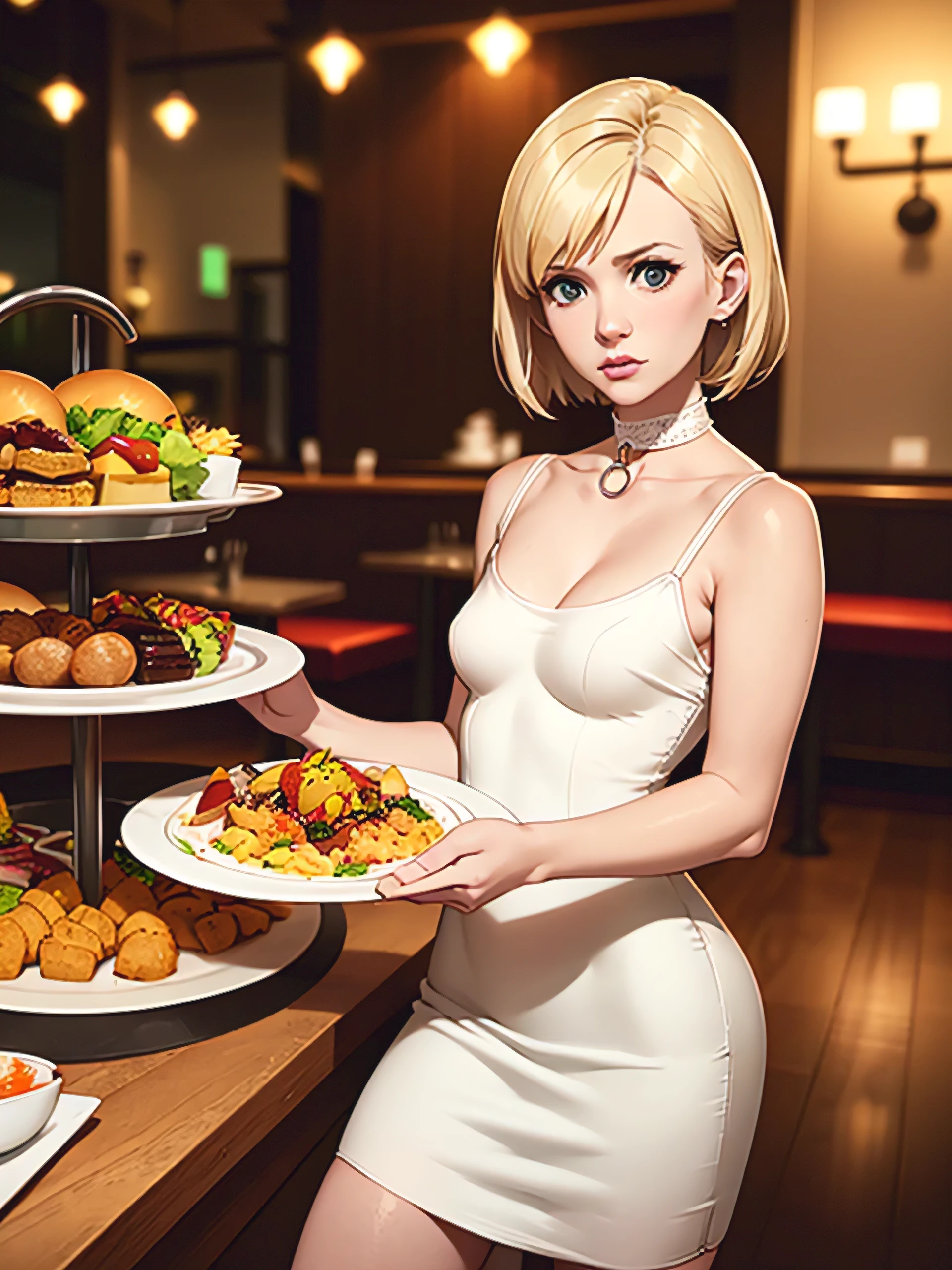 January Jones, masterpiece quality, (masterpiece quality:1.3), detailed, realistic, (realistic:1.3), at a busy restaurant, buffet table in background, lots of food in background, food everywhere, short hair, wearing white dress, (white dress:1.5), short skirt, wearing choker collar, small breasts, (small breasts:1.5), thin body,
