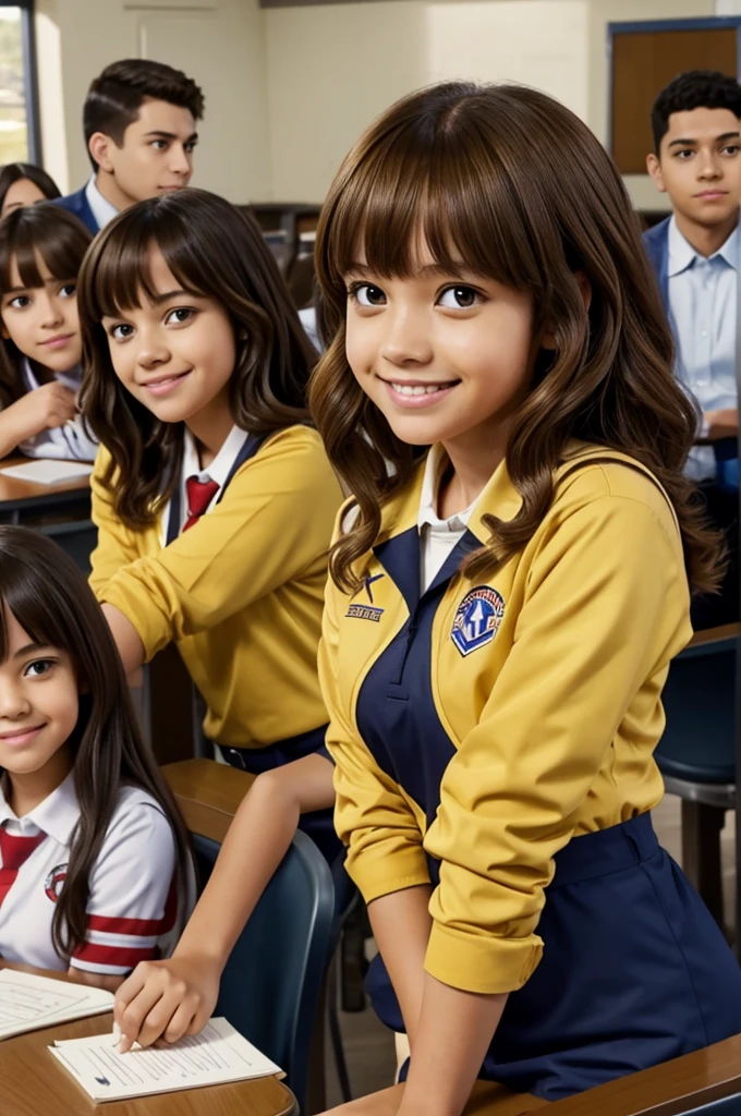 Screenshot of my hero academia. Brown curly hair girl/golden and long, with bangs. He has honey eyes and has a happy expression. She is wearing the UA uniform and in the background a UA school class is sitting at a table.