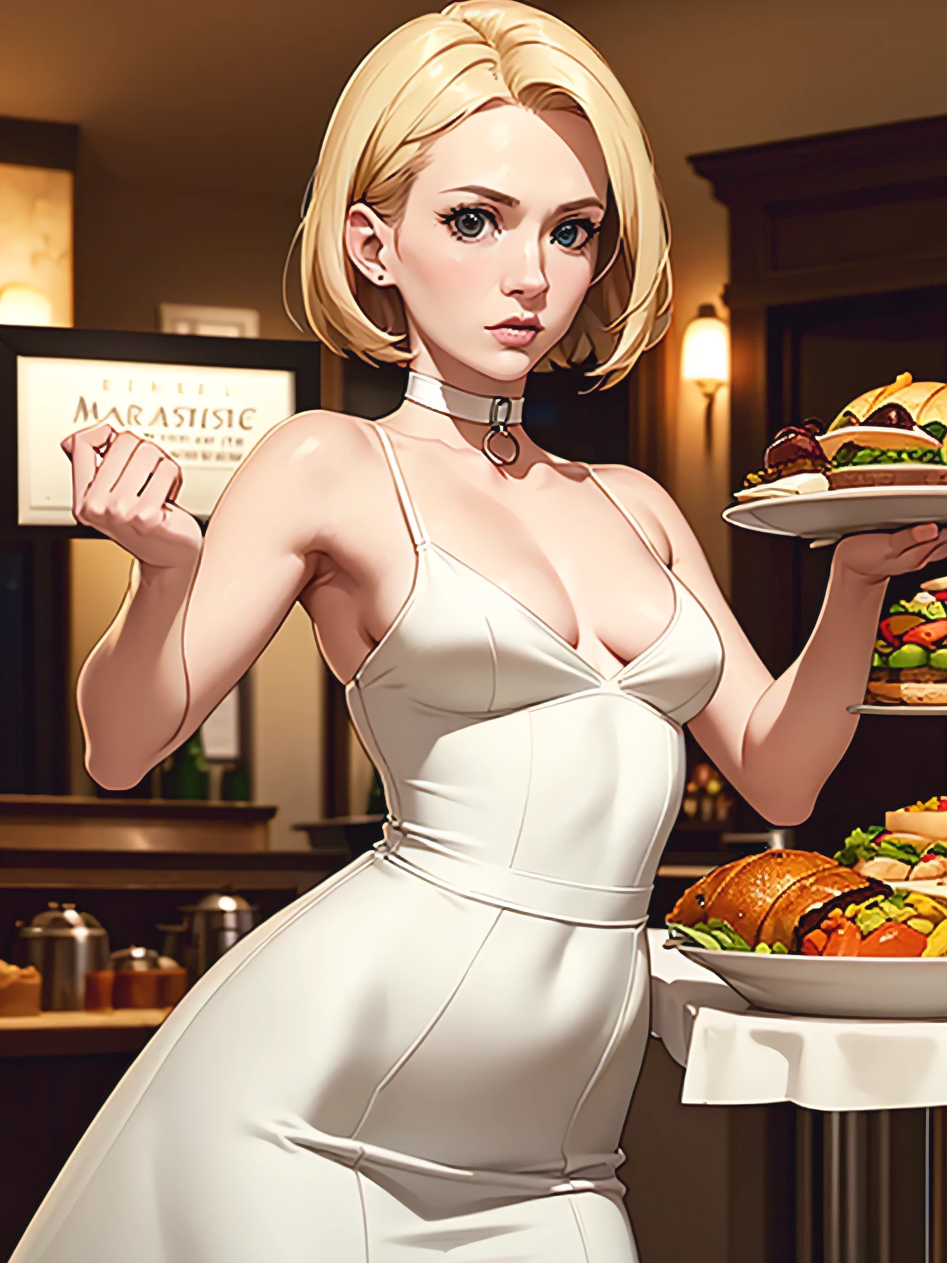 January Jones, masterpiece quality, (masterpiece quality:1.3), detailed, realistic, (realistic:1.3), at a busy restaurant, buffet table in background, lots of food in background, food everywhere, short hair, wearing white dress, (white dress:1.5), short skirt, wearing choker collar, small breasts, (small breasts:1.5), thin body,