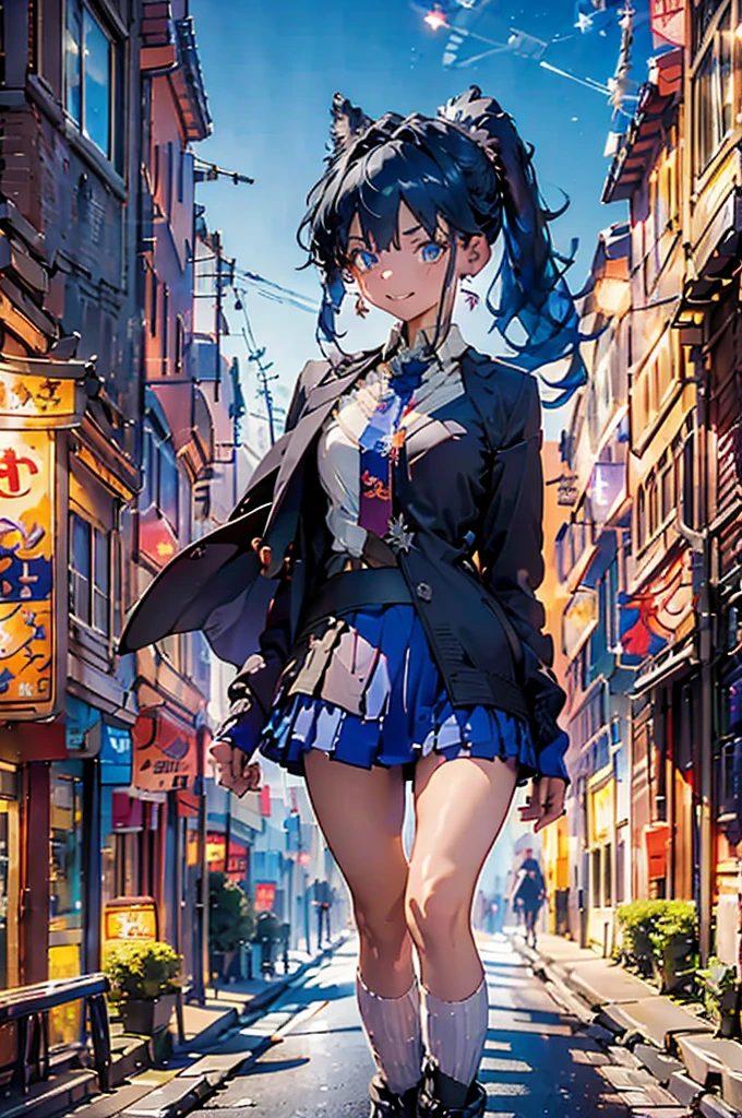 (masterpiece), (high resolution 8K), professional illustration, 1 girl, late teenage, walking, turn around, arched back, full body, dutch angle, bird's eye view, hoody, mini-skirt, back pack, blue hair, smile, looking away, sea, night, high contrast, professional lighting, stunning face, symmetrical clear eyes, detailed eyes and face,ponytail