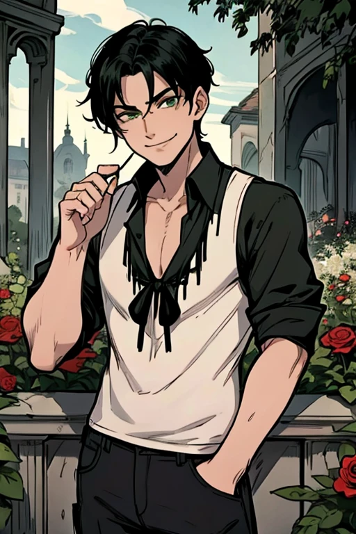 perfect face, perfect hand A black haired man with green eyes in a gothic rolled up shirt and cargo shorts is smiling while leaning forward with a red rose in a garden
