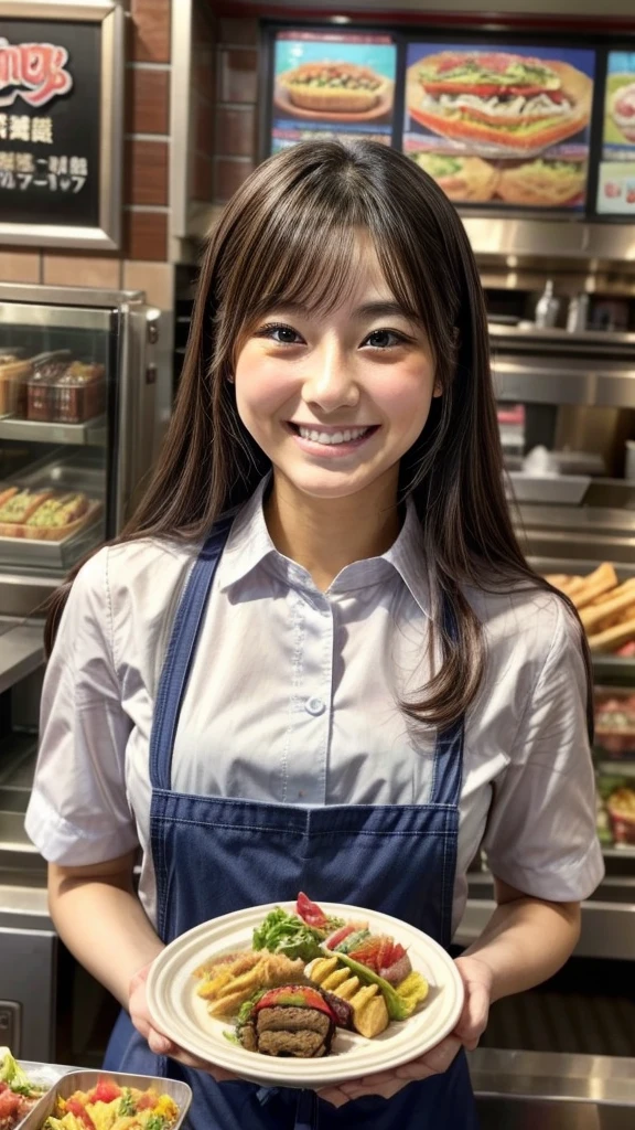 beautiful female fast food worker, smiling while serving ordered food, receiving attention from customers, detailed facial features, cinematic lighting, photorealistic, 8k, hyper detailed, symmetrical composition, warm color tones, natural skin tones, soft focus background, dynamic pose, high fashion apparel, impeccable uniform, confident expression, charming smile, gorgeous eyes, detailed hands, intricate apron design, pristine restaurant setting, gleaming metallic surfaces, realistic reflections, mouthwatering food presentation, immersive atmosphere