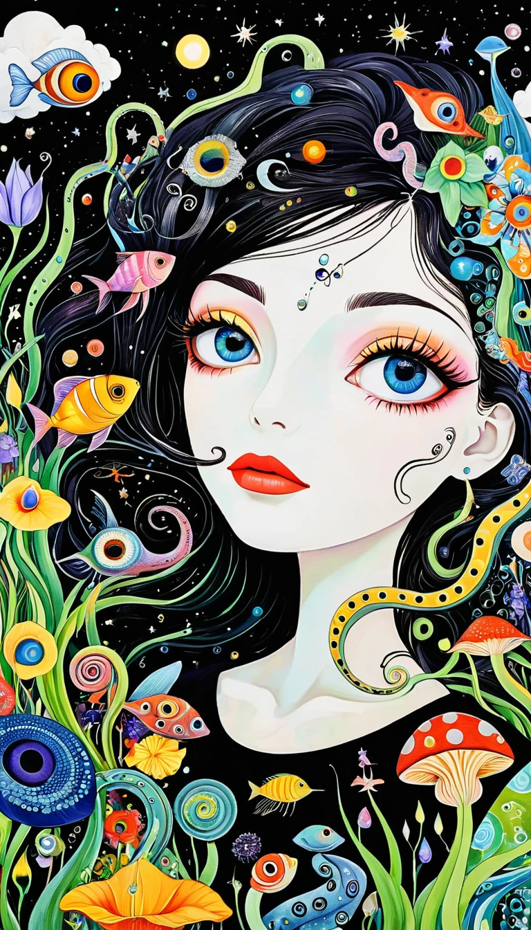 Picasso。1snails小屋，Artists from the stars，Colorful black，A world of color，Dopamine，mouth，A cloud、snails、iris、fish、Tentacles、bird、Eye、diatom，Abstract mosaic painting，Describing the inner world of autistic people，Sense of space，White Space，interesting，Innocence，Psychedelic Art，Black overall