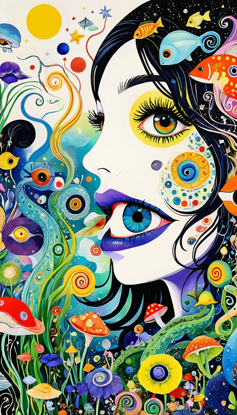Picasso。1snails小屋，Artists from the stars，Colorful black，A world of color，Dopamine，mouth，A cloud、snails、iris、fish、Tentacles、bird、Eye、diatom，Abstract mosaic painting，Describing the inner world of autistic people，Sense of space，White Space，interesting，Innocence，Psychedelic Art，Black overall