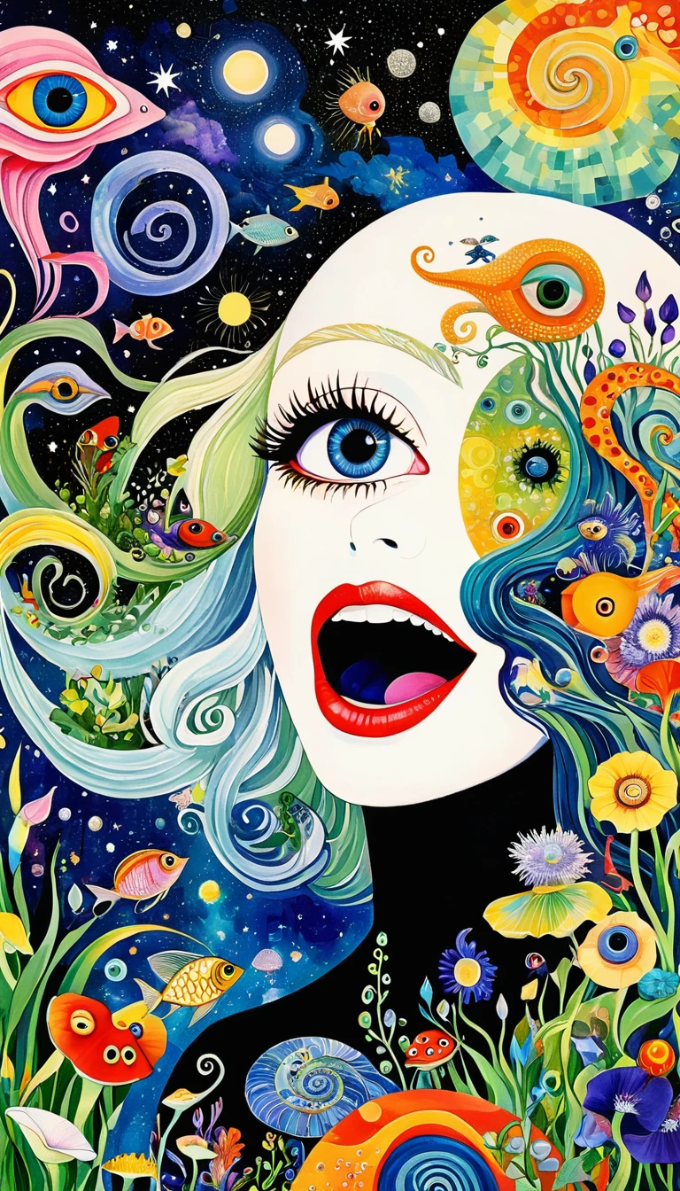 Picasso。1snails小屋,Artists from the stars,Colorful black,A world of color,Dopamine,mouth,A cloud、snails、iris、fish、Tentacles、bird、Eye、diatom,Abstract mosaic painting,Describing the inner world of autistic people,Sense of space,White Space,interesting,Innocence,Psychedelic Art,Black overall