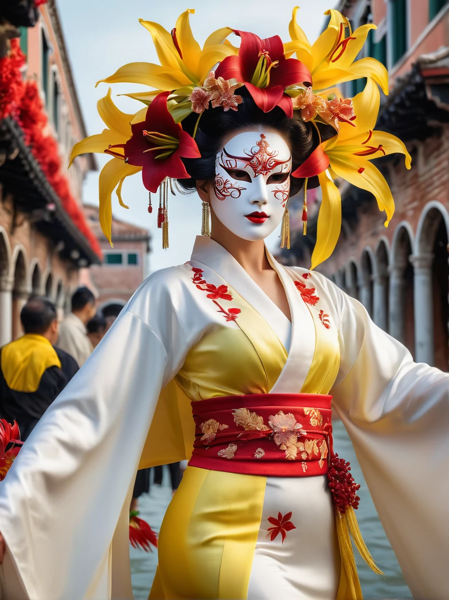 (Imagine:1.3), (full-body shot:1.5), Venice Oriole Queen , Glowing woman wearing feather mask , Årafed woman in kimono , White ceramic Venetian mask , Satan Red Licorice , Yellow lily , Hurricane Flower , Neon yellow and white, 最OK质量, high quality, OK, Ultra wide angle, Ultra HD, Anatomically correct, precise, masterpiece, The award-winning, 8K