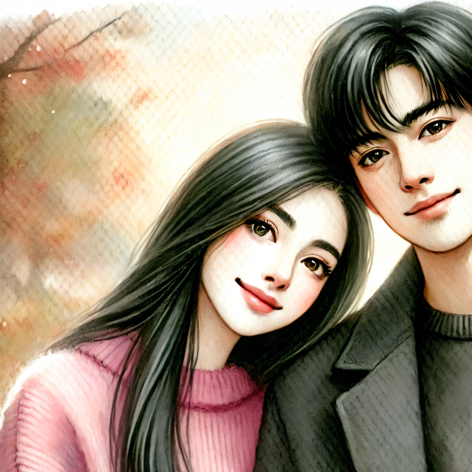 painting of a Couple in a pink sweater and black coat, lovely Couple, trends in art, Couple pose, beautiful drawing style, Couple, high quality fanart, happy Couple, Couple portrait, digital cartoon painting art, beautiful painting of friends, cute art style, romantic Couple, high-quality portrait, no art style by bowater, 🍁 cute, cute digital art
