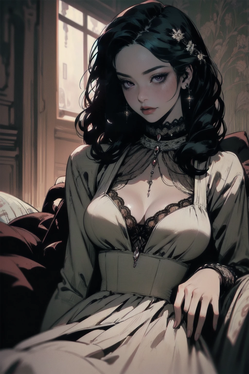 { - anatomy error}(Masterpiece - Ultra-detailed, very high resolution) Prepare to be enchanted by a true masterpiece that combines ultra-detailed art with high-resolution rendering. This work depicts a mesmerizing woman with very long black hair (1.3) and captivating purple eyes (1.2), emanating an aura of elegance and mystery in Victorian settings. The intricate details and realistic textures invite you to explore every aspect of this enchanting composition. Woman wearing beautiful classic Victorian costume from the year 1878. Red lips. Happy face. Smiling. white dress (white) dress. Walking, writing, lying down, standing, on your back, dynamic poses. Get ready to dive into a world where beauty and craftsmanship merge perfectly.