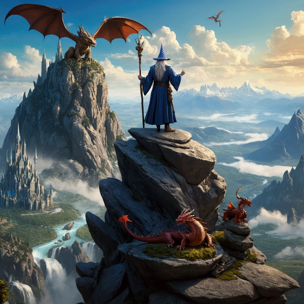 Fantasy art image of a wizard on top of a rock with a masterful view of mountains and dragons in the sky, 4k super detallado